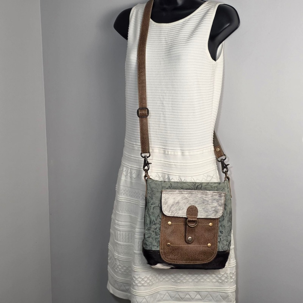 Myra Bag Canvas Leather Hair-on-Hide Crossbody‎ Bag Green Floral Boho Messenger